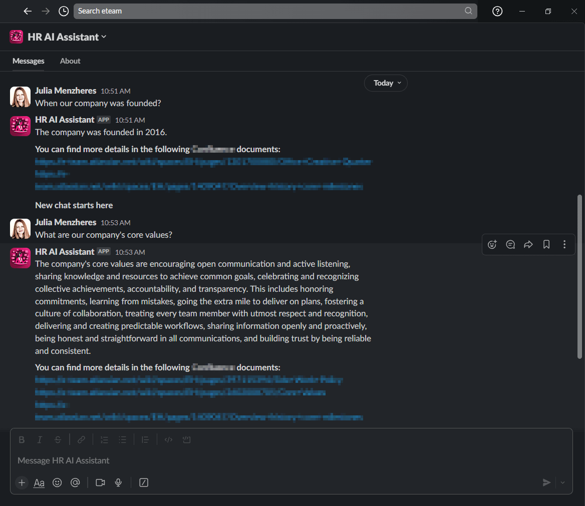 Screenshot of the AI/LLM chatbot we developed using the RAG technique.