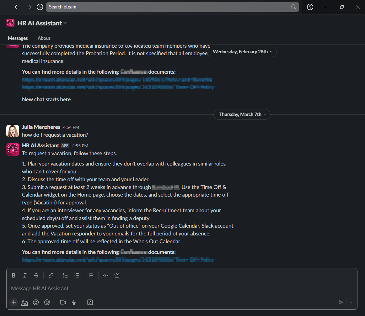 Screenshot of employee AI assistant built by ETEAM to answer HR-related queries.