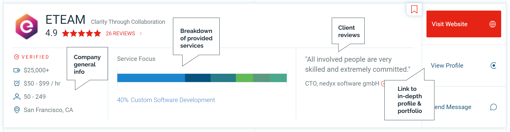 Clutch widget featuring criteria to choose a software development company.