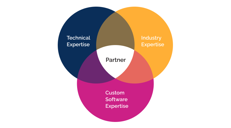Venn diagram showing the three types of expertise a custom software development company has to have.