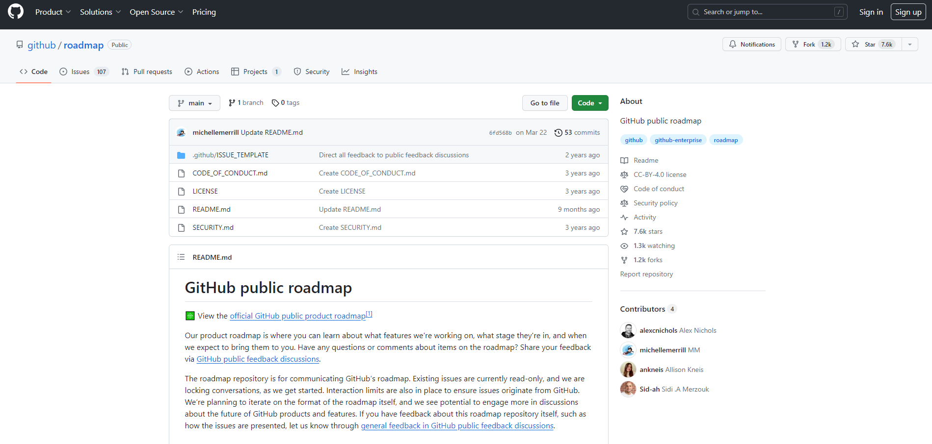 Screenshot of GitHub public roadmap repository.