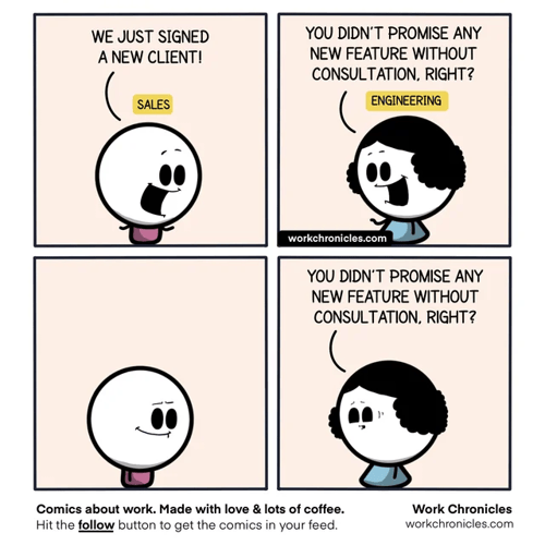Comic strip featuring a conflict between the Sales and Engineering team.