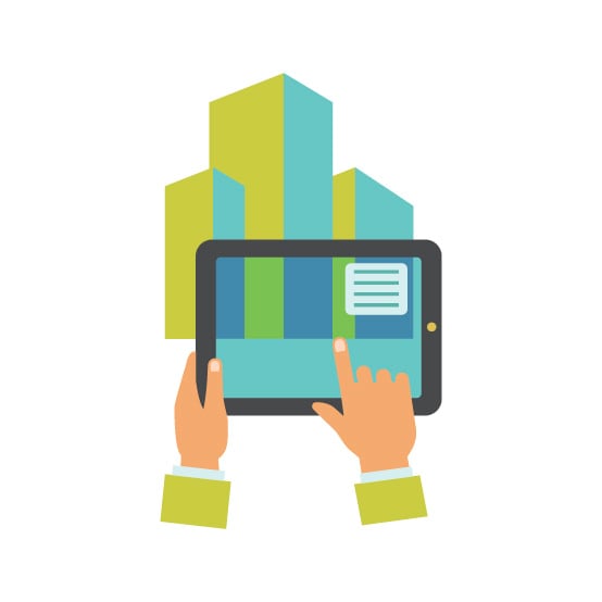 Multicolored flat icon of human hands holding tablet showing augmented reality