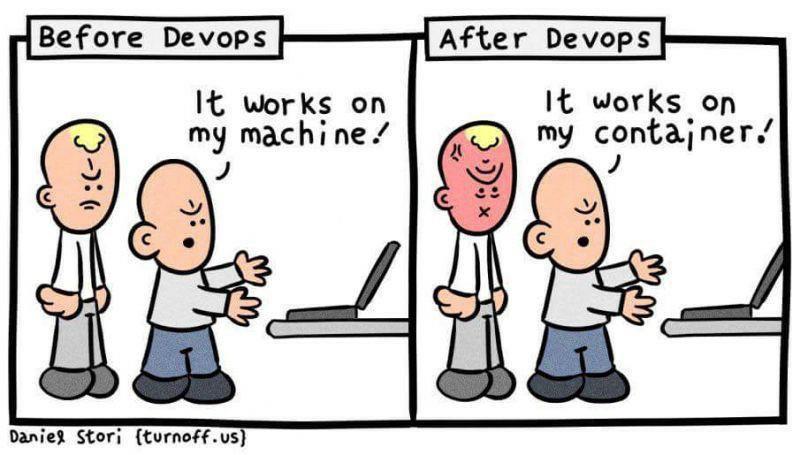 A comic strip illustrating the “it works on my machine” joke.