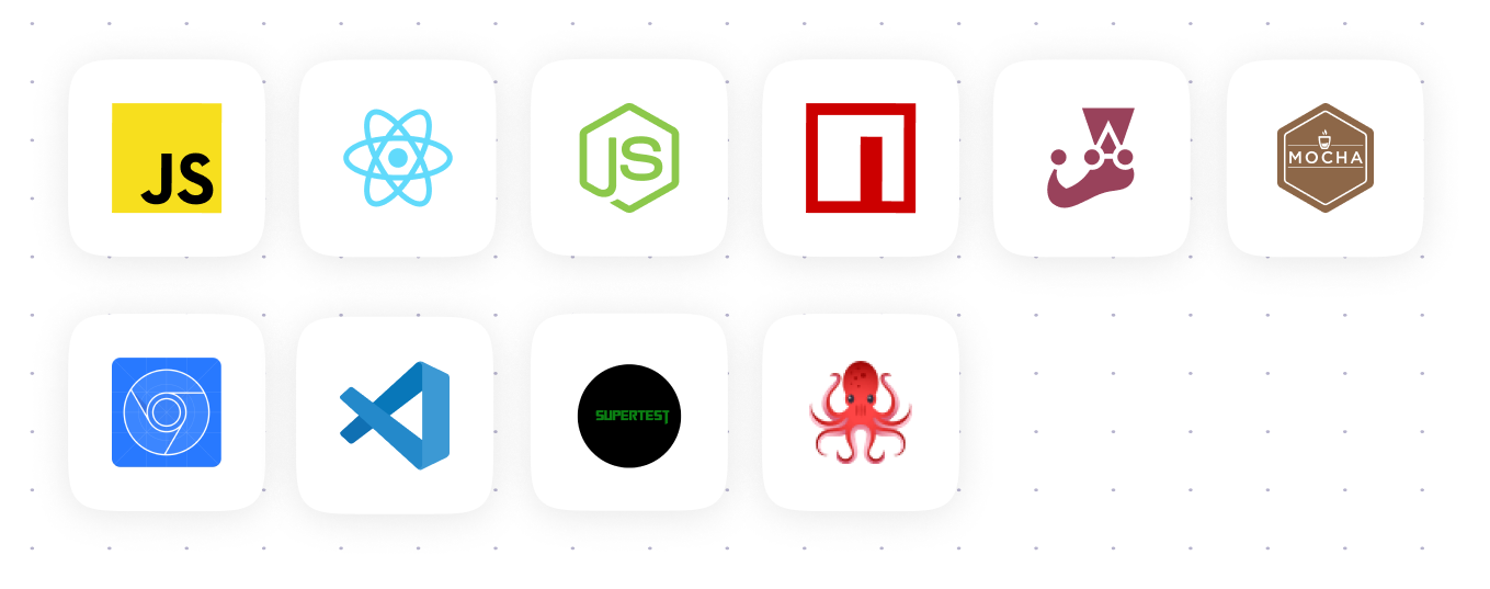 Icons of testing platforms, debugging tools, and libraries used with React and Node.js.