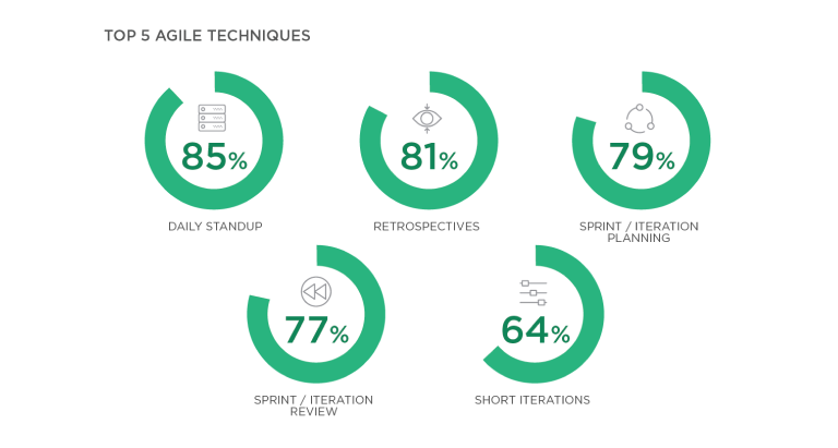 Statistics of top 5 used Agile techniques.